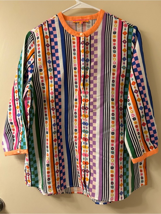 Vilagallo Tops - Vilagallo Colorful Geometric Stripe Linen Cotton Blouse Artsy Boho EU 42 US 10.5